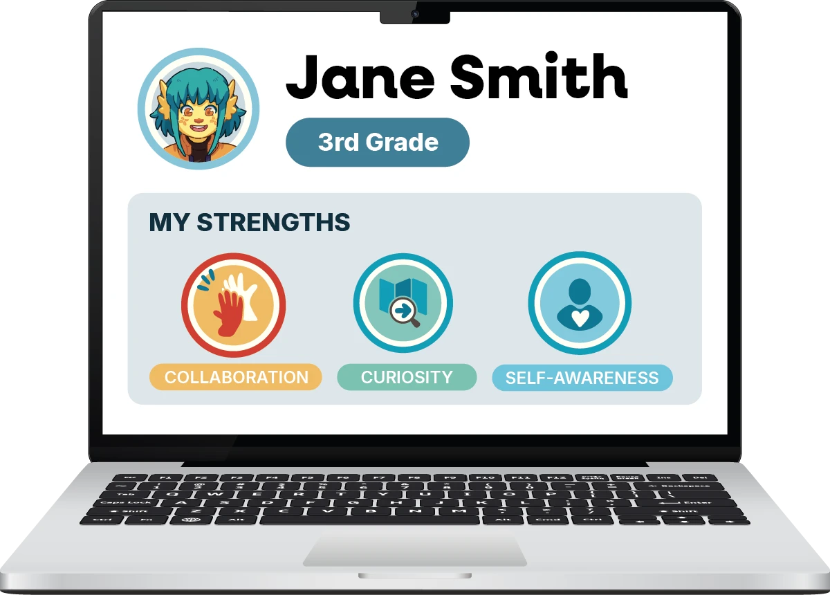 A laptop showing a Student Profile for a 3rd grader with her strengths: collaboration, curiosity, and self-awareness