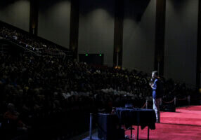 Travis Allen, ProSolve CEO, gives a keynote presentation to a crowd of educators.